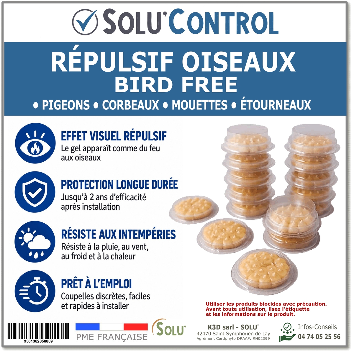 Répulsif oiseaux : pigeons, corbeaux, mouettes, ... , BIRDFREE - Boite de 15 coupelles